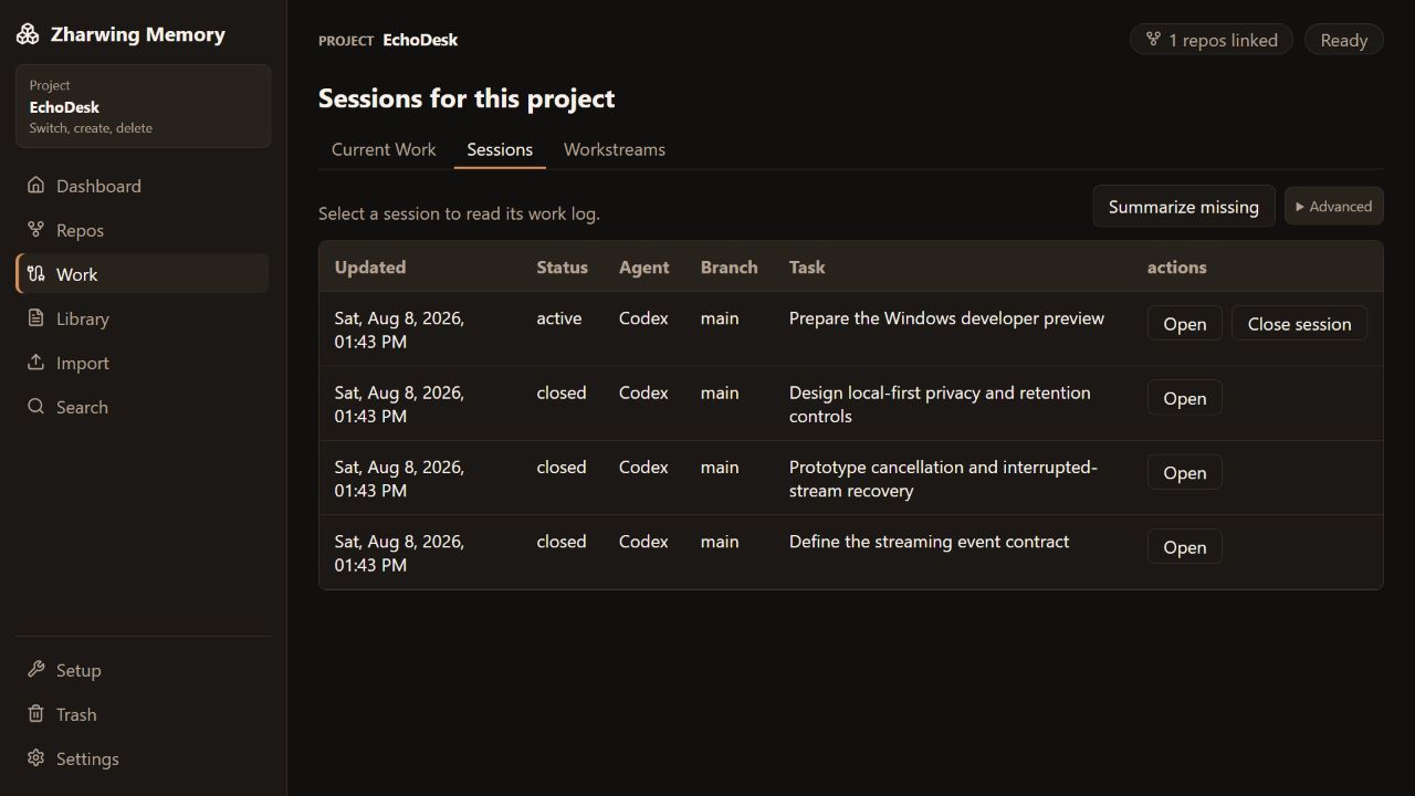 Zharwing Memory session history for the fictional EchoDesk project